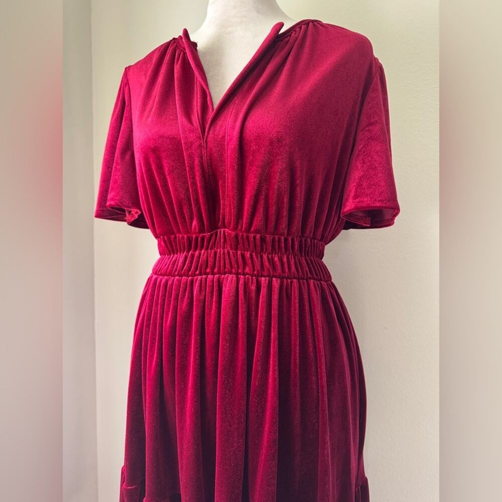 Burgundy Velvet Retro V-Neck Half Sleeve Elastic Waist Stretchy Midi Dress